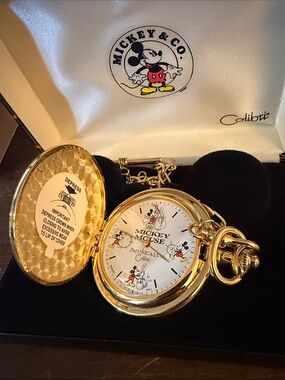 Disney Mickey Mouse Colibri Musical Pocket Watch w/ Chain, Box & Papers